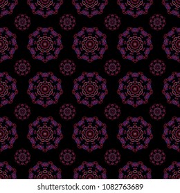 Hand drawn ethnic texture, flight of imagination. Vector illustration. Seamless abstract tribal pattern in violet, magenta and pink colors.