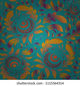 Hand drawn ethnic texture, flight of imagination. Vector illustration. Seamless abstract tribal pattern in brown, orange and blue colors.