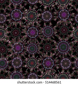 Hand drawn ethnic texture, flight of imagination. Vector illustration. Seamless abstract tribal pattern in red and violet colors.