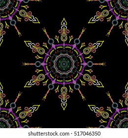 Hand drawn ethnic texture, flight of imagination. Vector illustration. Seamless abstract tribal pattern in green, blue and neutral colors.
