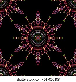Hand drawn ethnic texture, flight of imagination. Vector illustration. Seamless abstract tribal pattern in pink, beige and red colors.