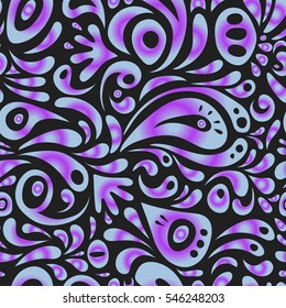 Hand drawn ethnic texture, flight of imagination. Vector illustration. Seamless abstract tribal pattern in violet, gray and blue colors.