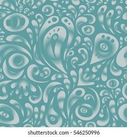 Hand drawn ethnic texture, flight of imagination. Vector illustration. Seamless abstract tribal pattern in blue and gray colors.