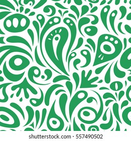 Hand drawn ethnic texture, flight of imagination. Vector illustration. Seamless abstract tribal pattern in green colors.