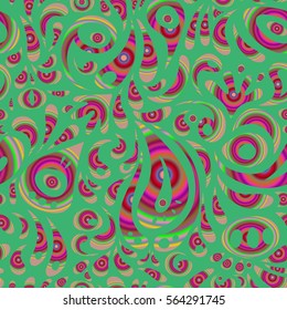 Hand drawn ethnic texture, flight of imagination. Vector illustration. Seamless abstract multicolored tribal pattern on green background.