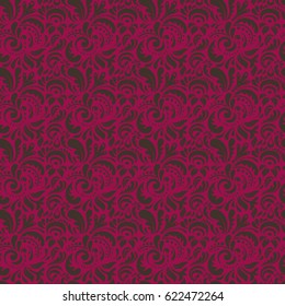 Hand drawn ethnic texture, flight of imagination. Vector illustration. Seamless abstract tribal pattern in purple and brown colors.