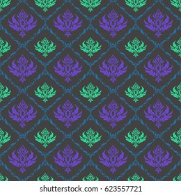 Hand drawn ethnic texture, flight of imagination. Vector illustration. Seamless abstract tribal pattern in green, gray and violet colors.