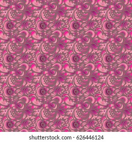 Hand drawn ethnic texture, flight of imagination. Vector illustration. Seamless abstract tribal pattern in purple, pink and magenta colors.