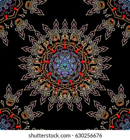 Hand drawn ethnic texture, flight of imagination. Vector illustration. Seamless abstract tribal pattern in green, red and pink colors.