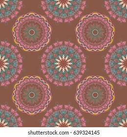 Hand drawn ethnic texture, flight of imagination. Vector illustration. Seamless abstract tribal pattern in blue and yellow colors.