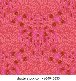 Hand drawn ethnic texture, flight of imagination. Vector illustration. Seamless abstract tribal pattern in pink and brown colors.