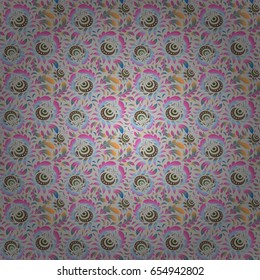 Hand drawn ethnic texture, flight of imagination. Vector illustration. Seamless abstract tribal pattern in pink, blue and purple colors.