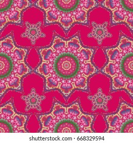 Hand drawn ethnic texture, flight of imagination. Vector illustration. Seamless abstract tribal pattern in blue and pink colors.