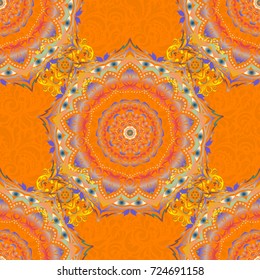 Hand drawn ethnic texture, flight of imagination. Vector illustration. Seamless abstract tribal pattern in pink, yellow and blue colors.