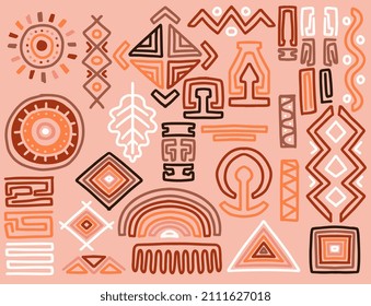 Hand drawn ethnic tribal elements set in colorful style. Abstract african art shapes collection, tribal doodle decoration set. Random ethnic shapes, animal print texture and traditional hand drawn