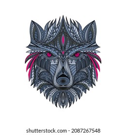 hand drawn ethnic wolf head illustration white background