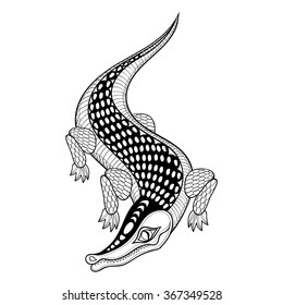 Hand drawn ethnic zentangle Crocodile for adult coloring pages in doodle design style,  Mehndi ornamental tattoo, artistic henna patterned prints. Animal reptile vector illustration for coloring book 