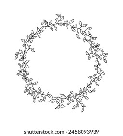 Hand drawn eucalyptus leaves wreath line art vector illustration isolated on white background. Circle floral frame in black ink sketch style. Elegant wedding invitation design. Botanical clipart.