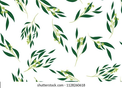 Hand Drawn Eucalyptus Seamless Pattern. Vintage Background with Beautiful Vector Eucalyptus Palm Fern, Green Leaves, Tropical Foliage. Eucalyptus Seamless Pattern for Wedding Design, Textile, Print.