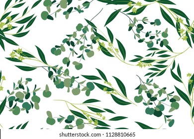 Hand Drawn Eucalyptus Seamless Pattern. Vintage Background with Beautiful Vector Eucalyptus Palm Fern, Green Leaves, Tropical Foliage. Eucalyptus Seamless Pattern for Wedding Design, Textile, Print.