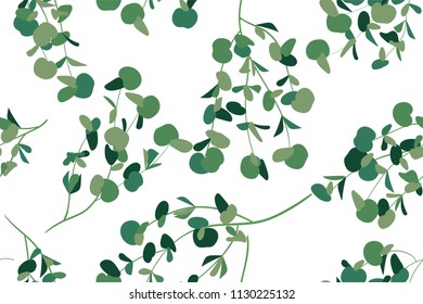Hand Drawn Eucalyptus Seamless Pattern. Vintage Background with Beautiful Vector Eucalyptus Palm Fern, Green Leaves, Tropical Foliage. Eucalyptus Seamless Pattern for Wedding Design, Textile, Print.