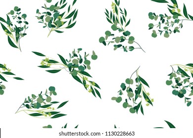 Hand Drawn Eucalyptus Seamless Pattern. Vintage Background with Beautiful Vector Eucalyptus Palm Fern, Green Leaves, Tropical Foliage. Eucalyptus Seamless Pattern for Wedding Design, Textile, Print.