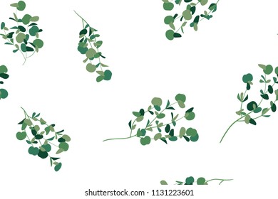 Hand Drawn Eucalyptus Seamless Pattern. Vintage Background with Beautiful Vector Eucalyptus Palm Fern, Green Leaves, Tropical Foliage. Eucalyptus Seamless Pattern for Wedding Design, Textile, Print.