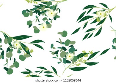 Hand Drawn Eucalyptus Seamless Pattern. Vintage Background with Beautiful Vector Eucalyptus Palm Fern, Green Leaves, Tropical Foliage. Eucalyptus Seamless Pattern for Wedding Design, Textile, Print.