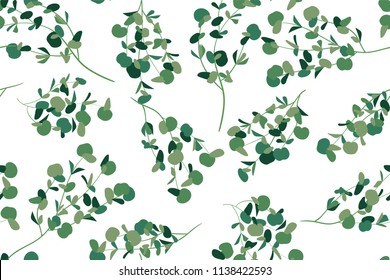Hand Drawn Eucalyptus Seamless Pattern. Vintage Background with Beautiful Vector Eucalyptus Palm Fern, Green Leaves, Tropical Foliage. Eucalyptus Seamless Pattern for Wedding Design, Textile, Print.