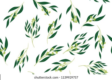 Hand Drawn Eucalyptus Seamless Pattern. Vintage Background with Beautiful Vector Eucalyptus Palm Fern, Green Leaves, Tropical Foliage. Eucalyptus Seamless Pattern for Wedding Design, Textile, Print.