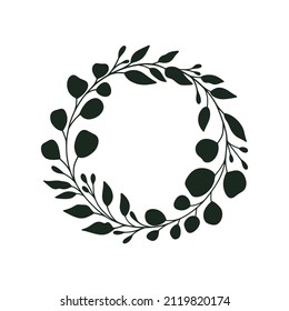 Hand drawn eucalyptus vector frame. Floral round  wreath with leaves for wedding and holiday design. Decorative elements isolated on white background.