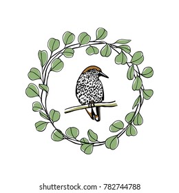 Hand drawn eucalyptus wreath with a bird made in vectorr. Beautiful floral design elements, ink drawing, logo template