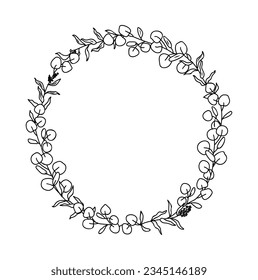 Hand drawn eucalyptus wreath line art vector illustration isolated on white background. Circle botanical frame in black ink sketch style. Elegant wedding invitation design, clipart, overlay