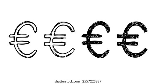 Hand drawn euro currency symbol set Brush stroke doodle Single element for design