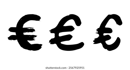 Hand drawn euro currency symbol set Brush stroke doodle Single element for design