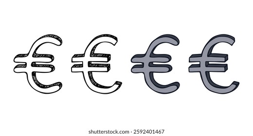 Hand drawn euro currency symbol set Brush stroke doodle Single element for design