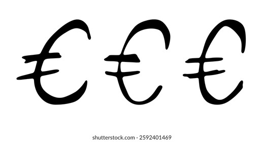 Hand drawn euro currency symbol set Brush stroke doodle Single element for design