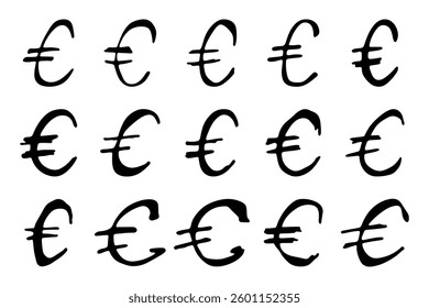 Hand drawn euro currency symbol set Brush stroke doodle Single element for design