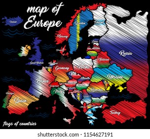 hand drawn Europe map with flags in sketch style