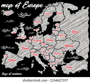 hand drawn Europe map with flags in sketch style. chalking