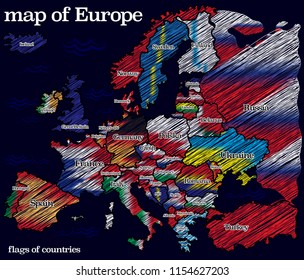 hand drawn Europe map with flags in sketch style. country names