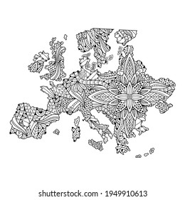 Hand drawn of europe map in mandala style