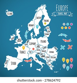 Hand drawn Europe travel map with pins vector  illustration