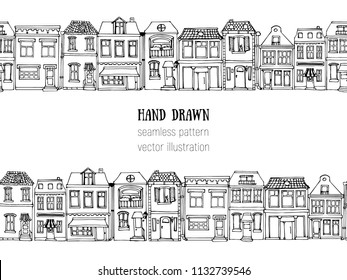 Hand drawn European city houses horizontal seamless pattern. Cute cartoon style vector illustration.. Colorful modern townhouse building sketch. City buildings, Doodle decorative elements collection.