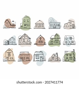 Hand drawn European city houses set in cute cartoon style. Colorful modern townhouse building sketch. Old houses, City buildings, Doodle decorative elements collection. Creative vector illustration.

