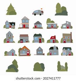 Hand drawn European city houses set in cute cartoon style. Colorful modern townhouse building sketch. Old houses, City buildings, Doodle decorative elements collection. Creative vector illustration.

