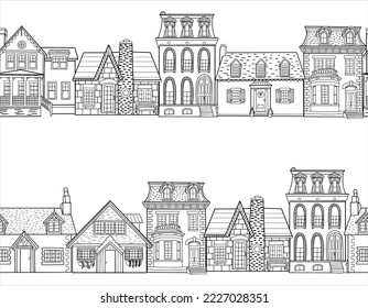 Hand drawn European city houses horizontal seamless pattern. Cute cartoon style vector illustration. Townhouse building sketch. City buildings, Doodle decorative elements collection.