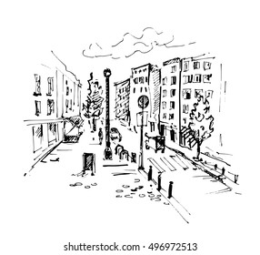 Hand drawn european street. City sketch vector illustration.