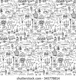 Hand drawn evening seamless pattern. Vector illustration of doodle evening and night elements for textile prints, wrapping, wallpapers