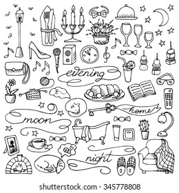 Hand drawn evening set. Vector illustration of doodle evening and night elements